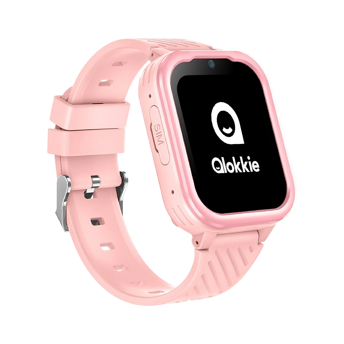 Zijaanzicht van Kiddo Pro roze kinderhorloge met SIM-kaartsleuf en Qlokkie-logo op het display.