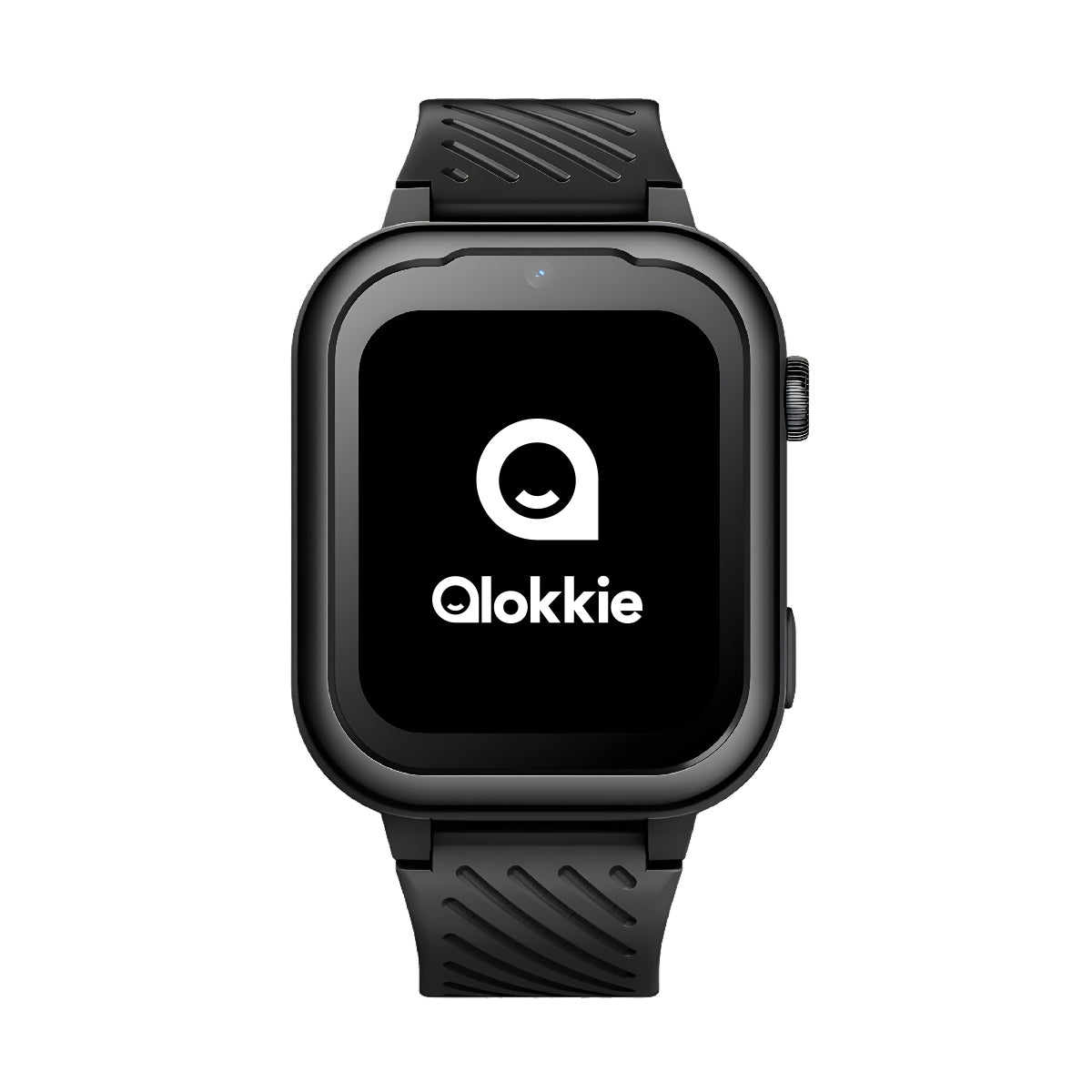 Voorzijde van Kiddo Pro zwart kinderhorloge met functies op display, aan-knop en SOS-knop zichtbaar.