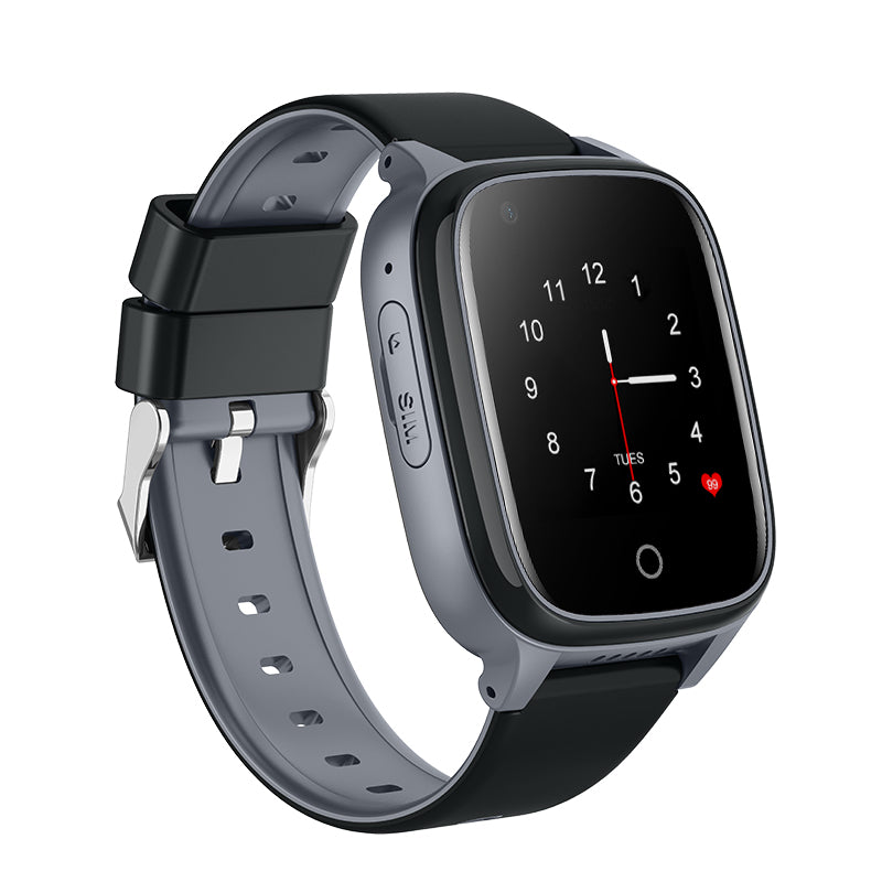 Zijaanzicht van het Kiddo 21 GPS horloge met gesloten bandje. Logo op display en SIM-kaartgleuf zichtbaar aan de zijkant
