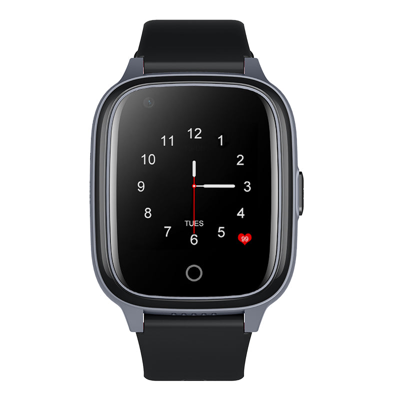Vooraanzicht van het Kiddo 21 GPS horloge van Qlokkie, gesloten alsof het om een pols zit. Logo en camera zichtbaar op het display.