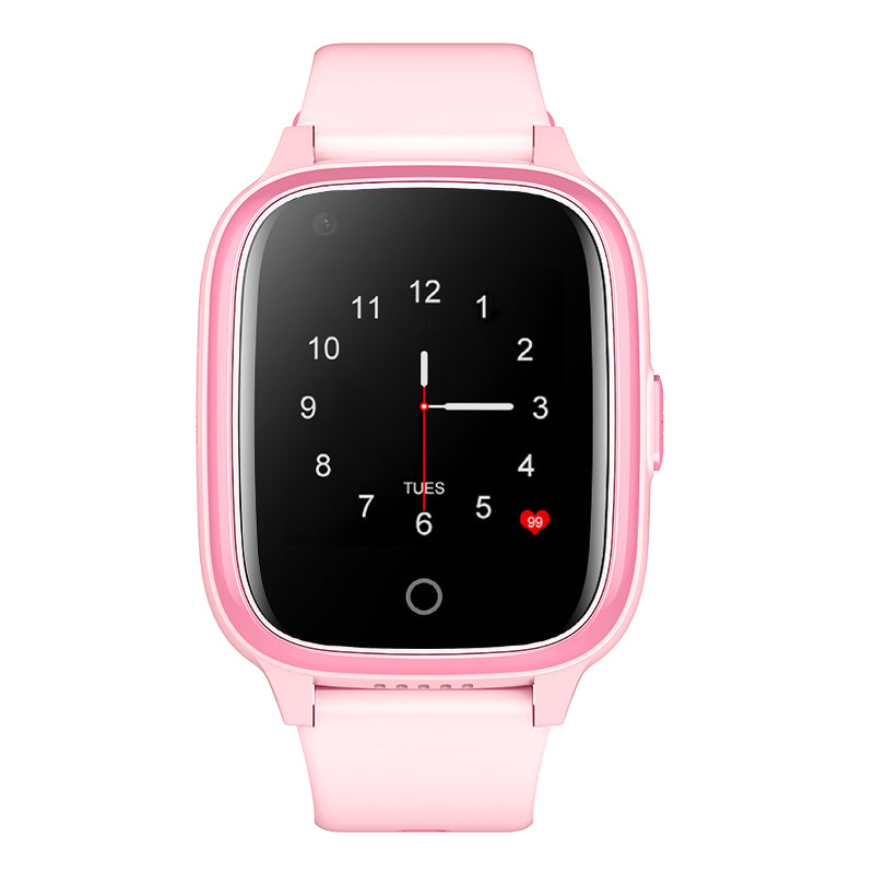 Vooraanzicht van de roze Kiddo 21 GPS horloge van Qlokkie, gesloten alsof het om een pols zit. Logo en camera zichtbaar op het display.