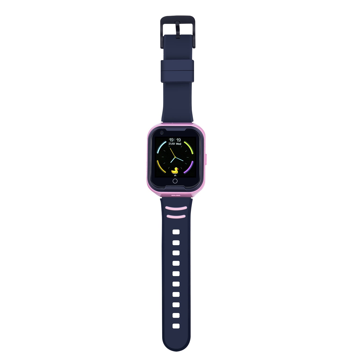 Vooraanzicht van een uitgeklapt roze Qlokkie horloge met display, analoge klok en open horlogeband in de lengte.