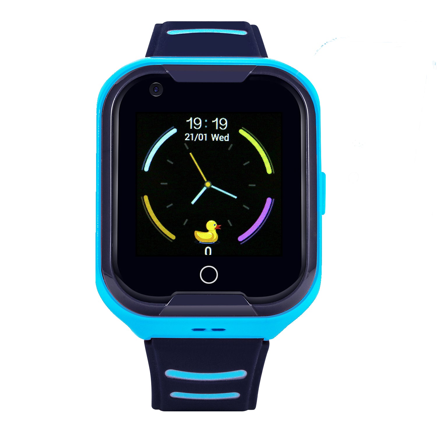Blauw Qlokkie kiddo 11 horloge met tijdsweergave, analoge klok en ingebouwde camera op de voorkant.