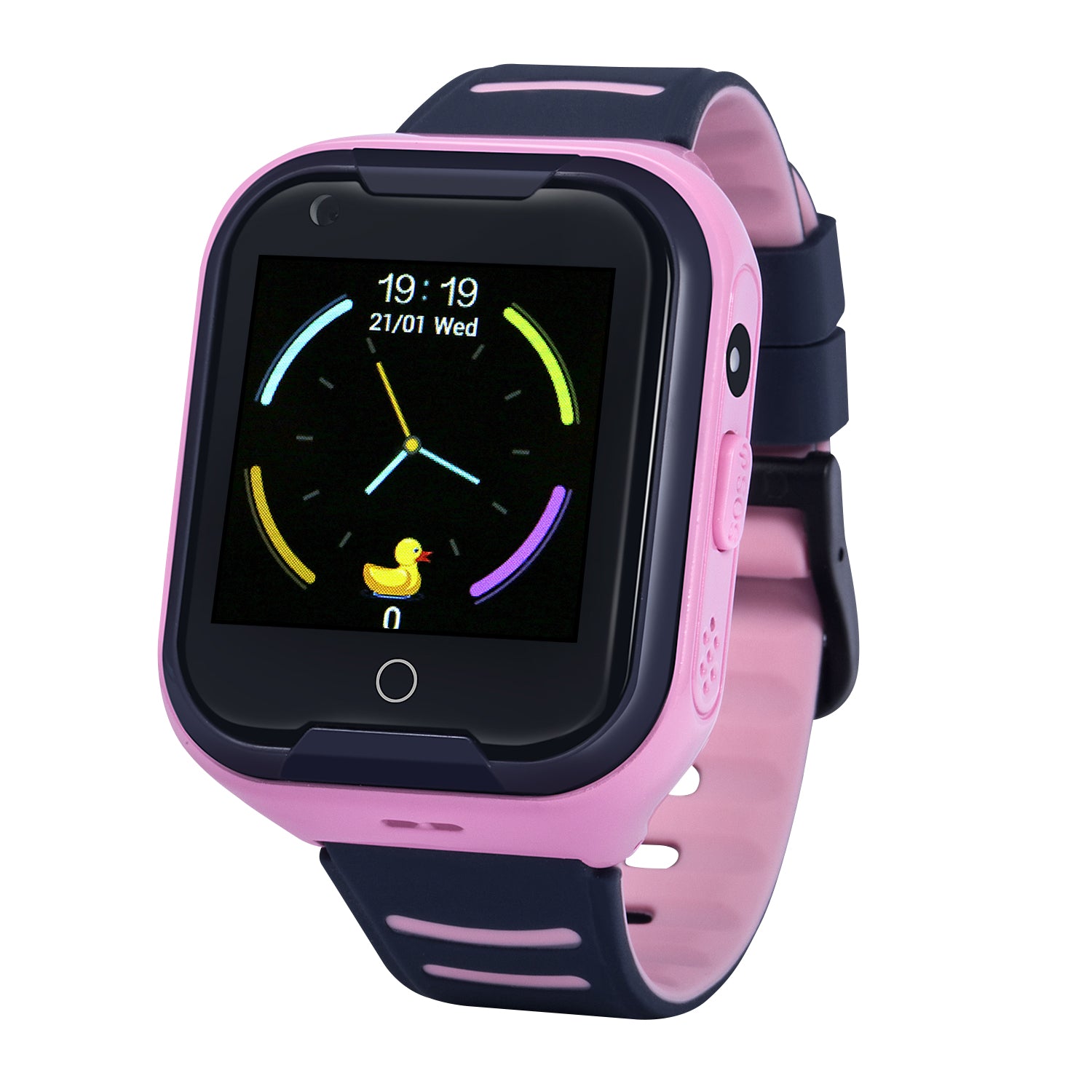 Schuin aanzicht van een roze Qlokkie Kiddo 11 GPS horloge voor kinderen, met tijdsweergave, analoge klok en ingebouwde camera zichtbaar aan de voorkant.