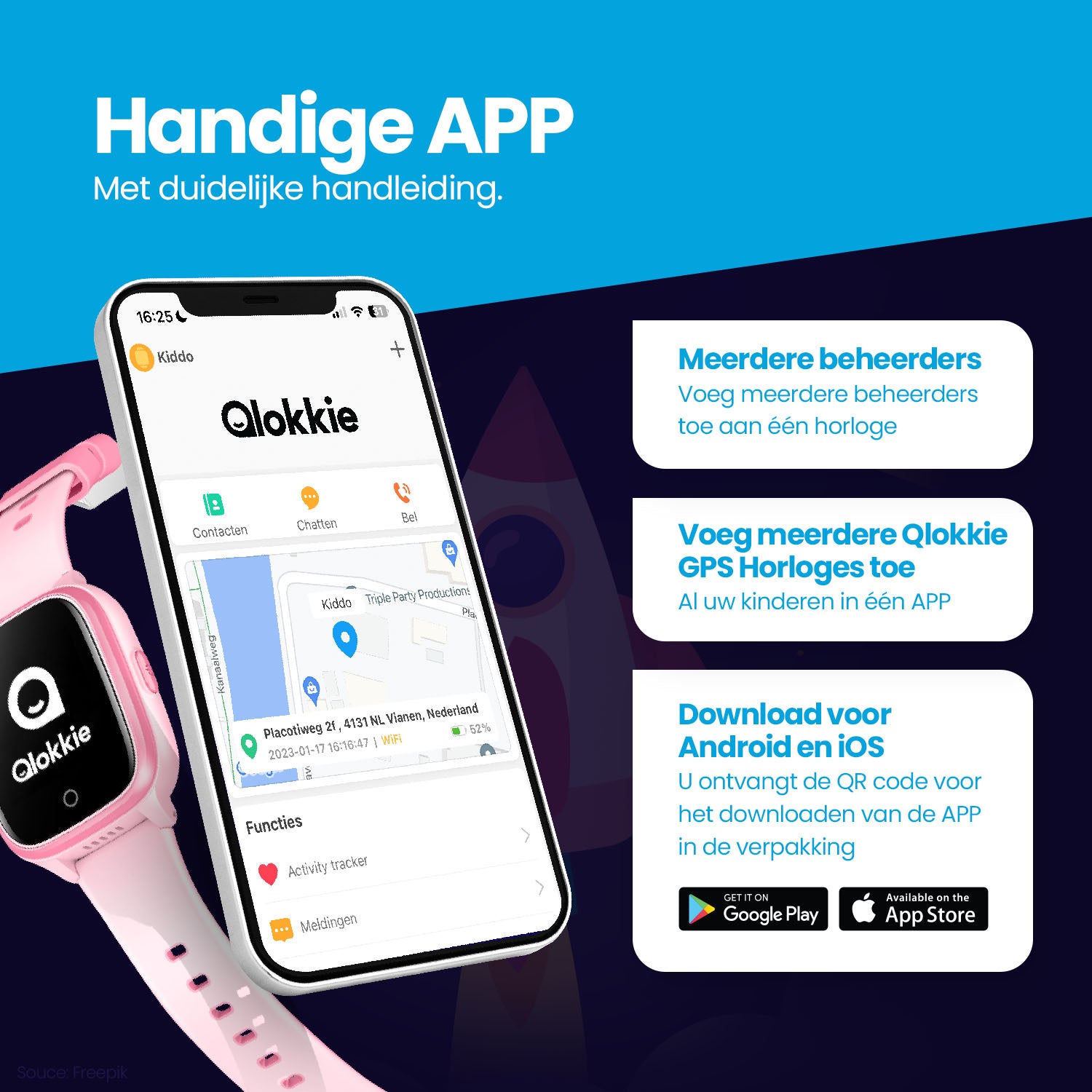Qlokkie GPS Horloge Kind - Kiddo 21 - Zwart