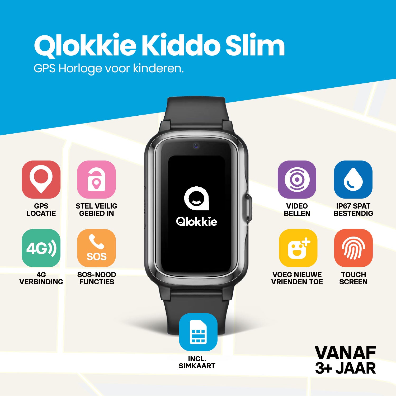 Qlokkie GPS Horloge Kind - Kiddo Slim - Zwart