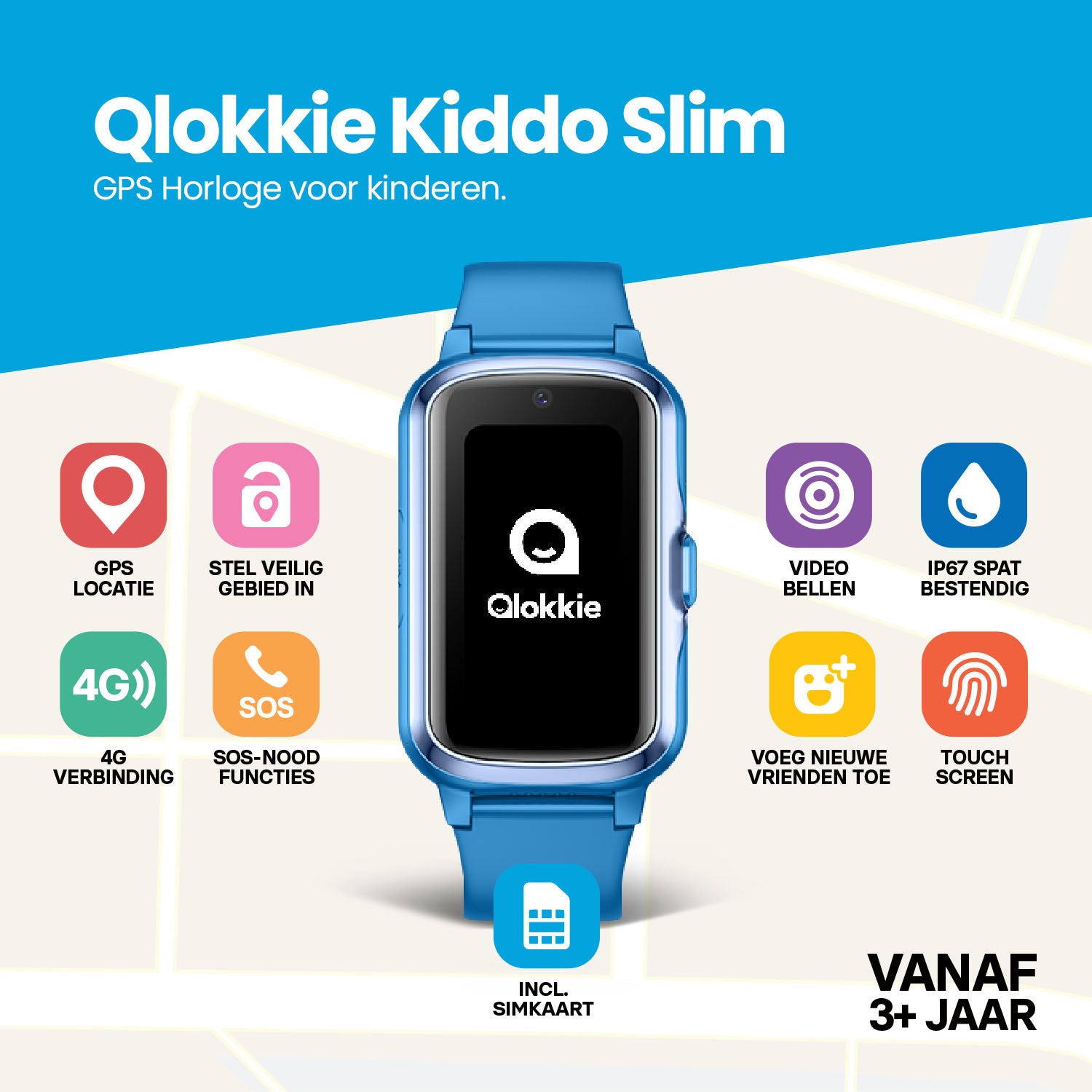 Qlokkie GPS Horloge - Kiddo Slim - Blauw